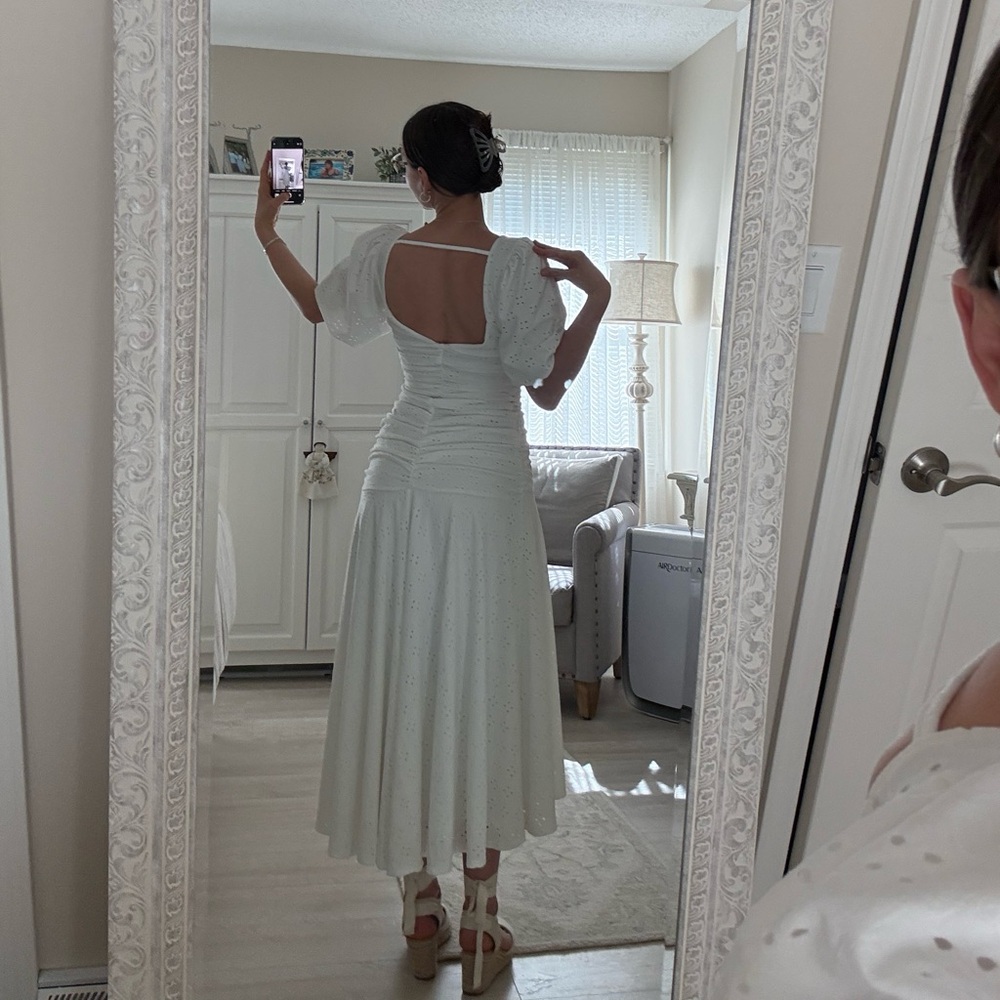 Perfect white pointelle midi drop waist bridal shower dress - Picture 2 of 10